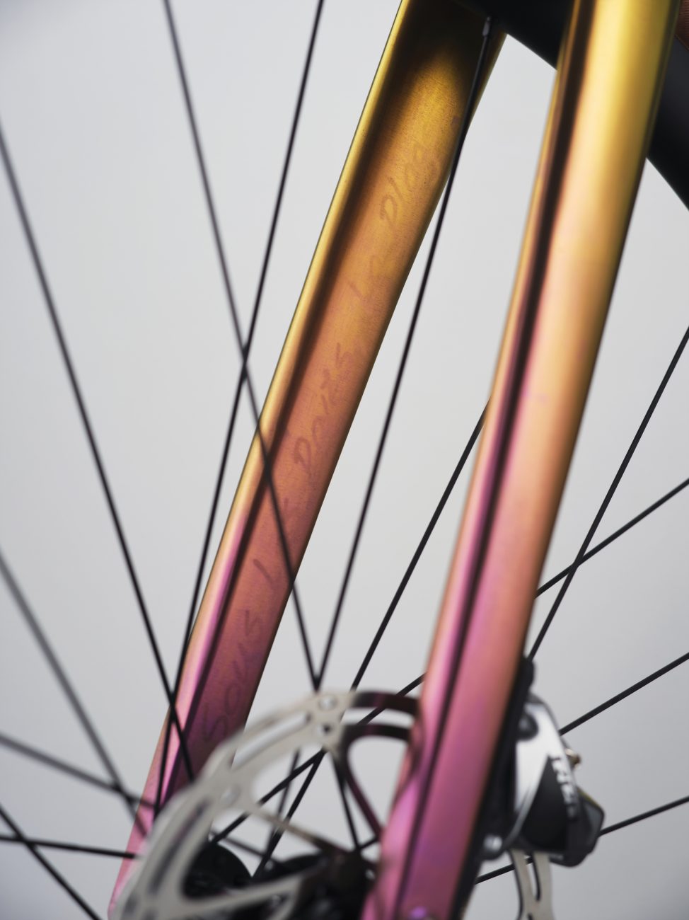 Detail of a Sturdy Cycles titanium bike