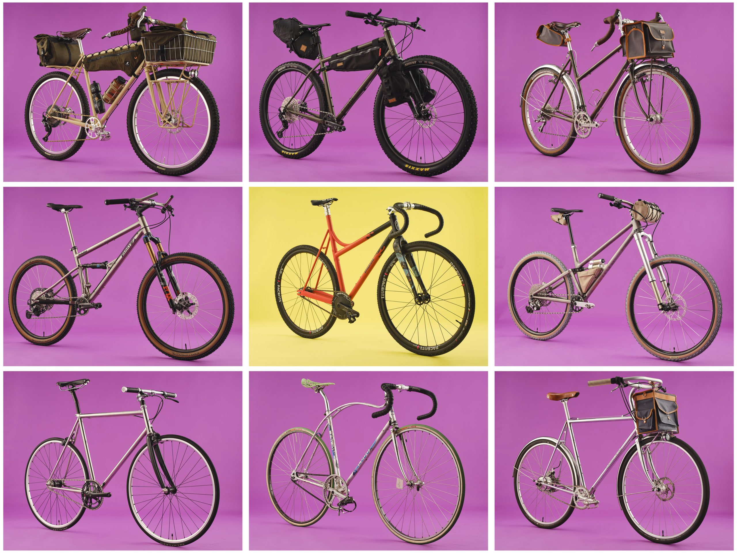 Collage of studio photographs of handmade bikes on display at the Bespoked bike show in 2022