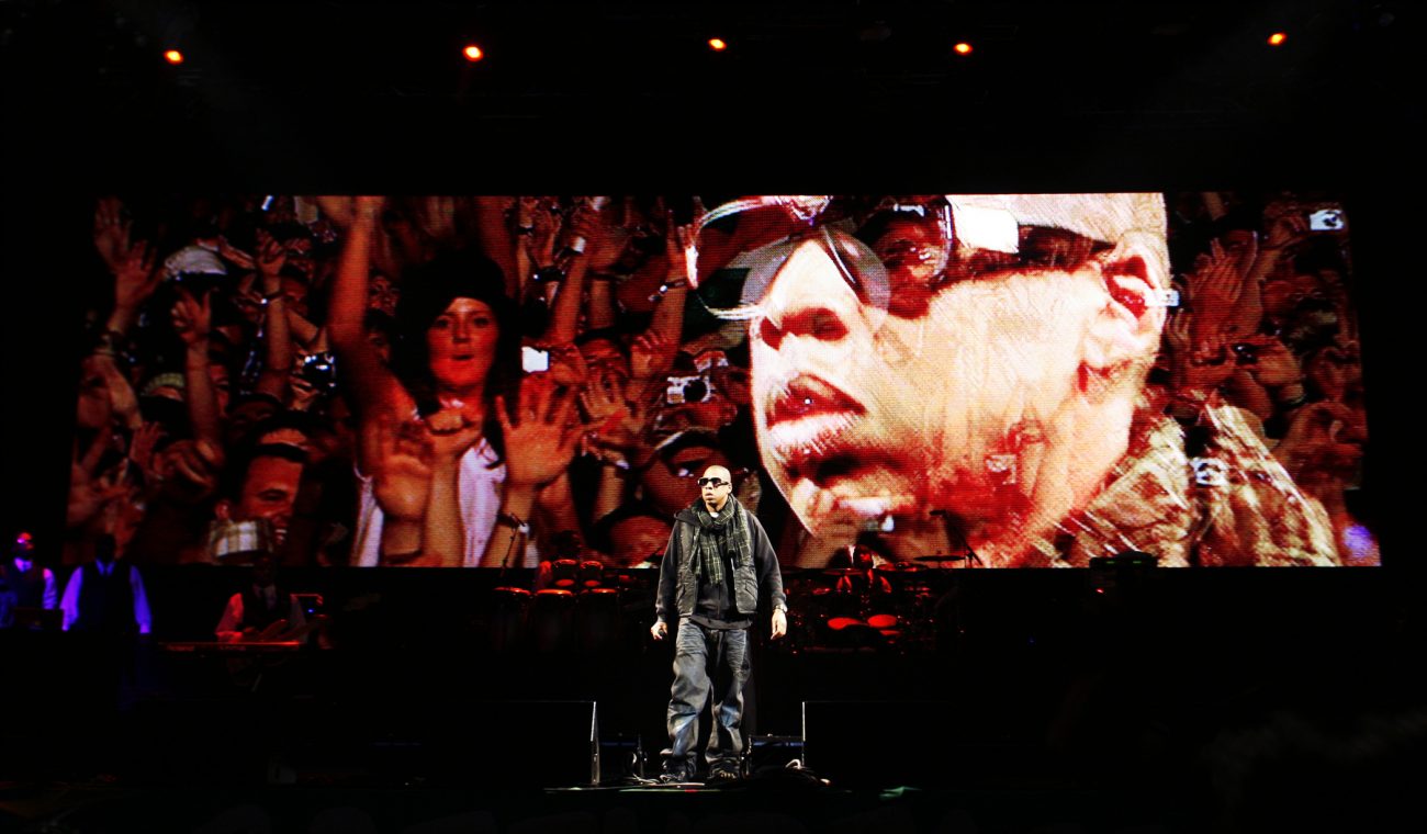 Photograph of Jay Z headlining Glastonbury Festival 2008.