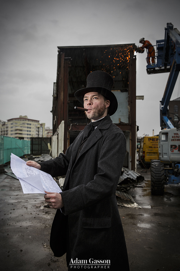 Isambard Kingdom Brunel oversees the start of the construction of Being Brunel at the ss Great Britain, Bristol. The museum, supported with National Lottery funding, will be a national centre looking in to the life of celebrated engineer Isambard Kingdom Brunel. 26 January 2016. Photo by Adam Gasson / adamgasson.com