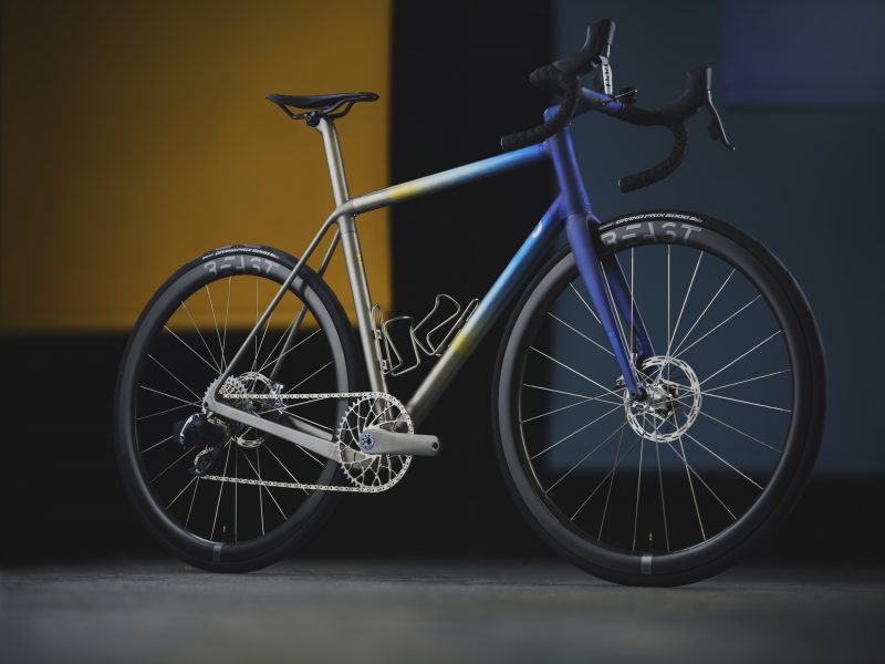 Sturdy cycles titanium bicycle photographed in a studio setting