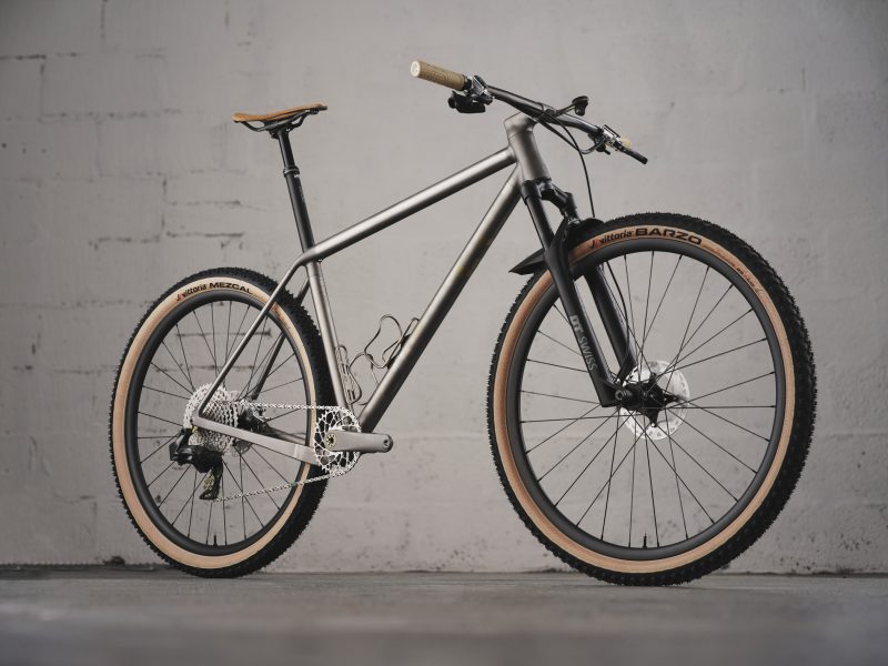 Studio photograph of a Sturdy Cycles 3D printed titanium mountain bike